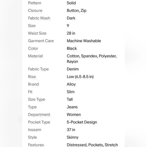 Women's Alloy Sofia Low-Rise Black Dark Wash Distressed Tall Jeans - Picture 9 of 9